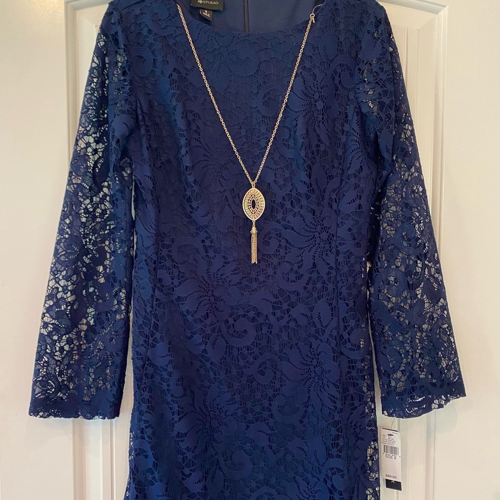 AB Studio Blue Sheath Dress with Bishop Sleeves